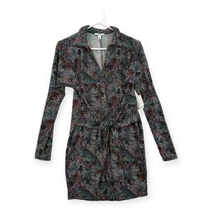 Bar III Dress Womens Small Printed Tie Front Stretchy Long Sleeve Career